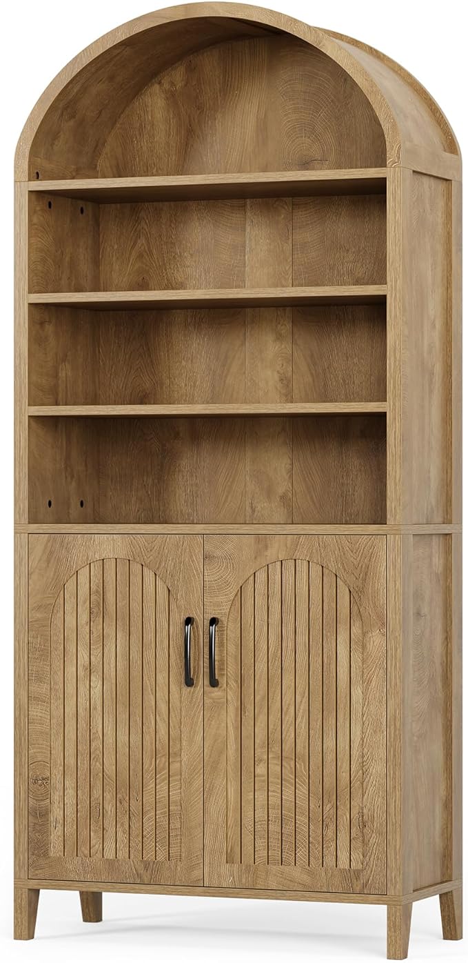 LITTLE TREE 70.9 Inches Tall Arched Bookcase, 8-Tier Bookshelf with Doors & Adjustable Shelves, Farmhouse Big Bookcase for Living Room, Large Vertical Storage Cabinet for Home Office, Oak Color