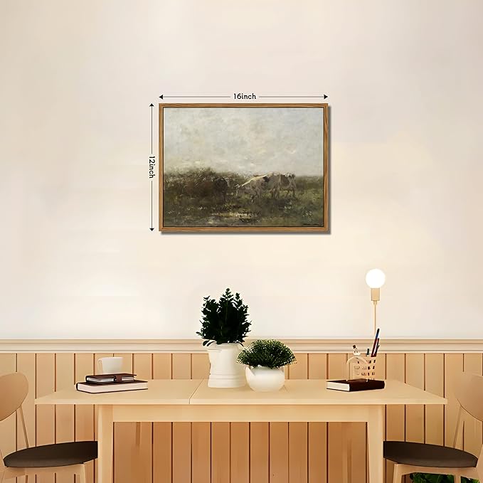 Floating Framed Landscape Canvas Wall Art, French Vintage Natural Country Cows Pictures Wall Decor Artwork, Farmhouse Oil Paintings Prints for Living Room Bedroom Home Decoration 12x16 inch
