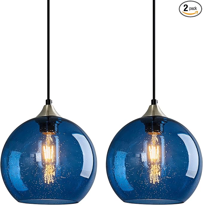Blue Glass Pendant Lights Kitchen Island Lighting Globe Pendant Light Fixtures Modern Pendant Lighting for Kitchen Island Bedroom Living Dining Room Light Fixture(7.87in, 2-Pack)