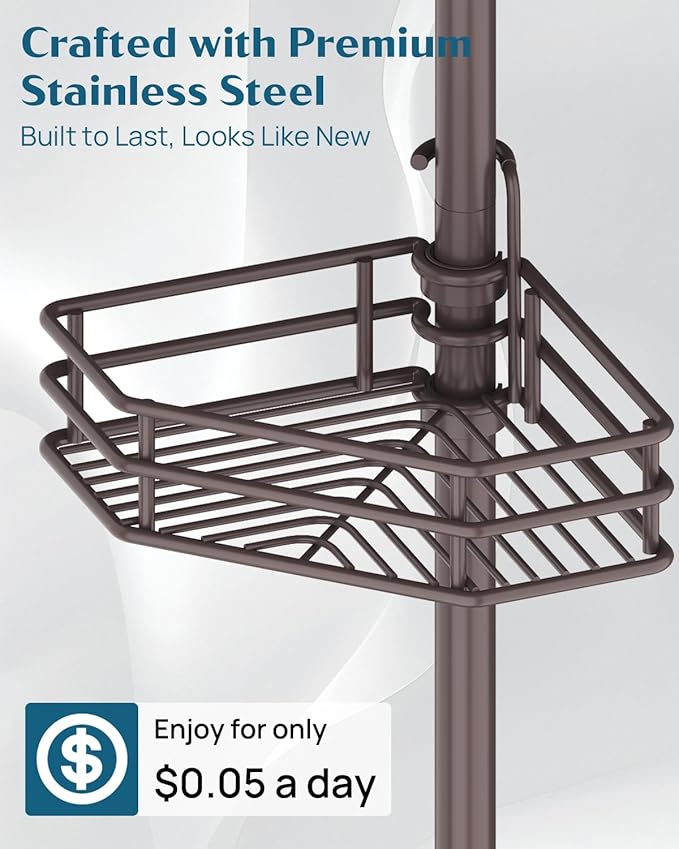 SEIRIONE Corner Shower Caddy Tension Pole, Adjustable Shower Organizer Corner with 4 Shelves, No Drilling Shower Shelf for Inside Shower, Shower Rack for Shower Storage,34 to 116 Inch Height,Bronze
