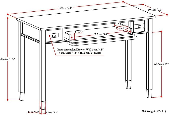 SIMPLIHOME Warm Shaker Desk - 48 Inch Wide Solid Wood Writing Desk in Light Golden Brown, Transitional Home Office Computer Table for Workspace or Study with Flip-Down Keyboard Tray and 2 Drawers