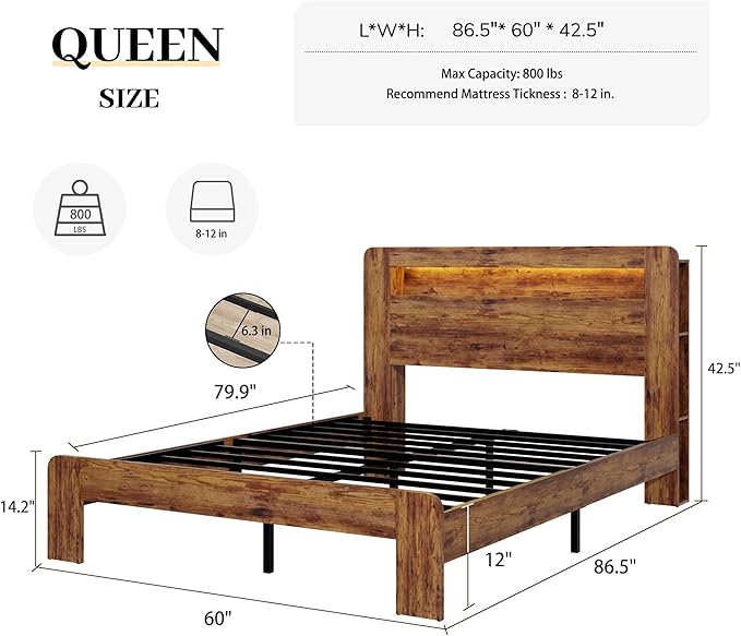 Queen Size Wooden Bed Frame with Bookcace Storage Headboard, Rustic Farmhouse Bedframe with LED Lights and Charging Station, Sturdy and Stable, Slat Support, No Box Spring Required (Brown, Queen)