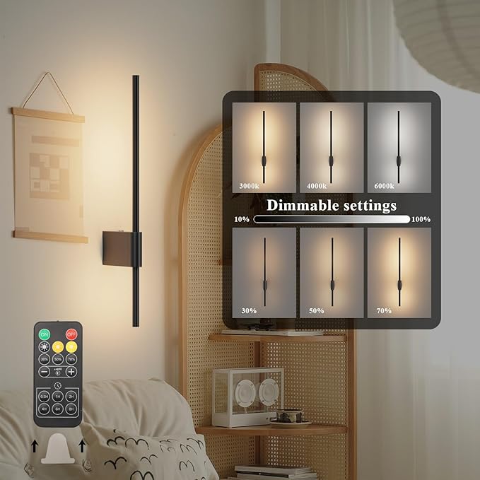 2 Pack Battery Powered Wall Sconces 6000mAh Rechargeable Dimmable LED Wall Lights for Living Room, Hallway, Bedroom, 23.6in Living Room Dressers, 23.62 in