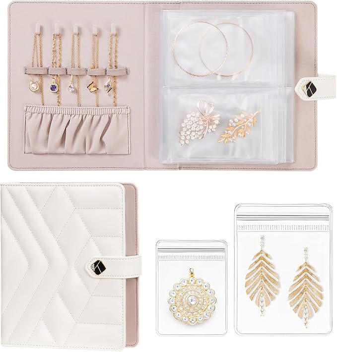 Homde Women Travel Jewelry Box: Traveling Organizer for Ring Necklace Bracelet - Storage Book with Plastic Pouches for Friend Sister Mother