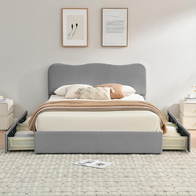 VELOCAVA Queen Size Storage Bed with 4 Drawers, Modern Upholstered Bouclé-Textured Platform Frame with Curved Headboard, Rounded Corners, Wood Slats, No Box Spring Needed, Light Gray