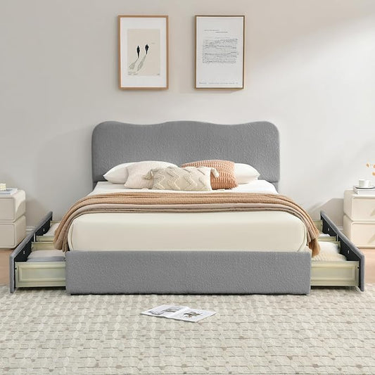 VELOCAVA King Size Storage Bed with 4 Drawers, Modern Upholstered Bouclé-Textured Platform Frame with Curved Headboard, Rounded Corners, Wood Slats, No Box Spring Needed, Light Gray