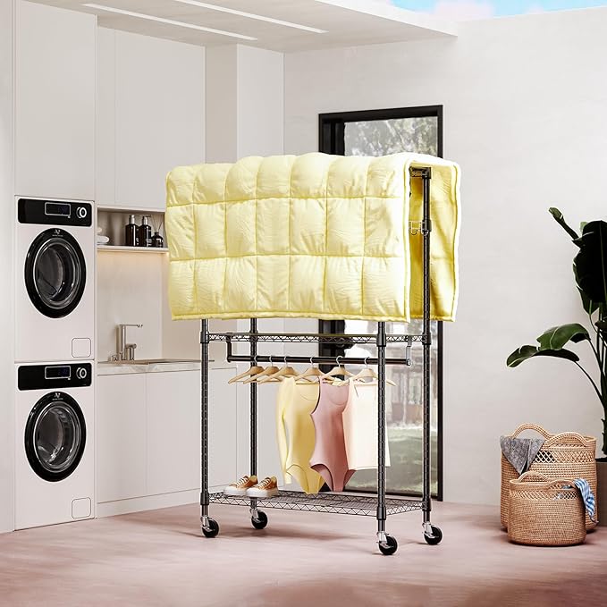 Heavy Duty Rolling Garment Rack 3 Tiers Adjustable Wire Shelving Clothes Rack with 2 Rods and Side Hooks,Storage Closet Clothing Rack with Wheels Black 15.7" D x 29.5" W x 74.5" H