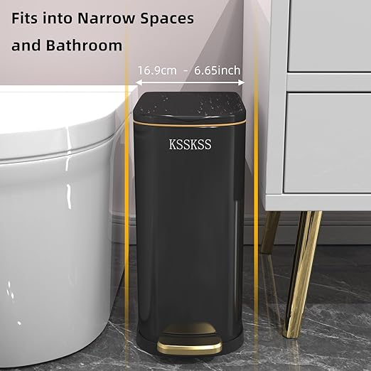 2.6 Gallon Slim Bathroom Trash Can with Soft-Close Foot Pedal, 10L Stainless Steel Garbage Can with Removable Liner Bucket, for Narrow Spaces,Bathroom, Bedroom (Titanium Black)