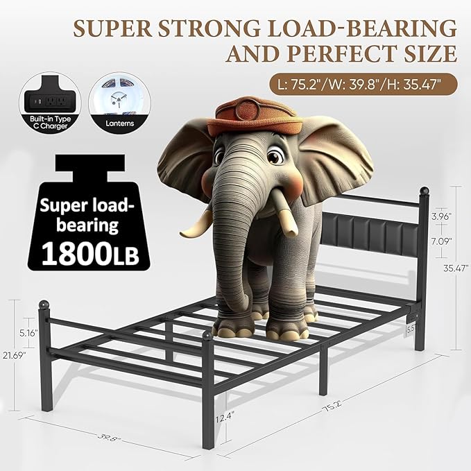 Twin Bed Frames with LED Lights & Charging Station - Metal Platform Bed Frame with Under Bed Storage - Heavy Duty Steel Slats/Upholstered Headboard/Noise-Free/No Box Spring Needed/Easy Assembly/Black