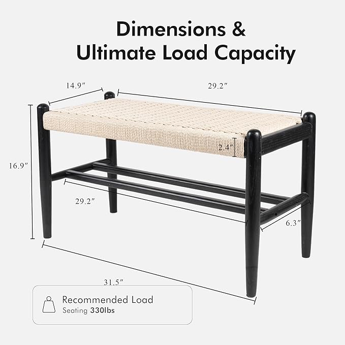 Solid Wood Entryway Bench with Shoe Storage, Rustic Oak Wood and Woven Design 31.5 Inch Long Seating for Living and Dining Rooms,Black