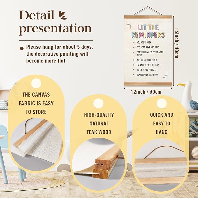 ZTGDA Little Reminders Mental Health Wall Art – Positive Affirmations Poster with Wooden Hanger, Motivational Canvas Sign for Kids Room, Therapy Office, or Classroom Decor, 12x16 Inches (Reminders)