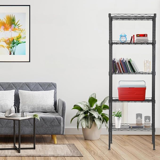 PayLessHere 5-Tier Adjustable Wire Shelf 12" W x 17" D x 48" H Max Load 750 lbs, Easy Assembly, Versatile Storage Solution, Durable and Stable for Home and Office,Black