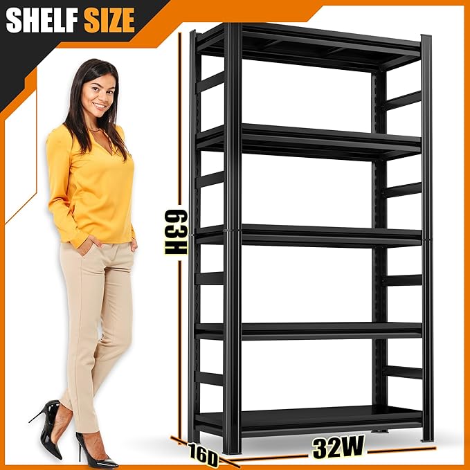 5-Tier Storage Shelving 32" W Steel Heavy Duty Shelving Unit with Shelves for Heavy Duty Metal Shelving Adjustable Garage Shelving Rack Storage Kitchen, 63" H X 32" W X 16" D, Black