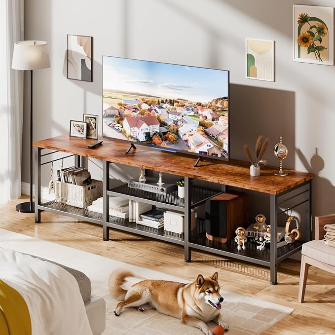 Furologee TV Stand for TVs up to 70 Inch, 63 Inch Entertainment Center with Open Storage Shelves, Television Stands with Soundbar Shelf for Living Room, Bedroom, Rustic Brown