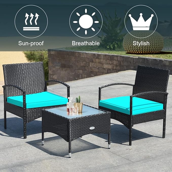 COSTWAY 3 PCS Patio Wicker Conversation Set, PE Rattan Sofa with Tempered Glass Coffee Table, 2 Chairs, 2 Cushions, Outdoor Patio Furniture Set for Yard Porch Bistro Balcony Backyard Pool, Turquoise