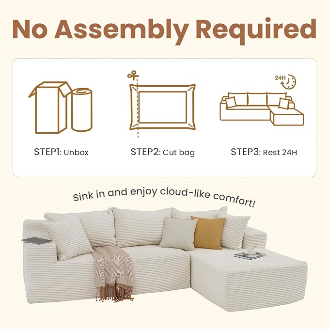 OC Orange-Casual 106.3" Cloud Sectional Couch with L-Shape Chaise,No Assembly Required Modular Sofa,Upholstered Boneless Couches for Living Room, Plush Corduroy Fabric (White, Right Facing Chaise)