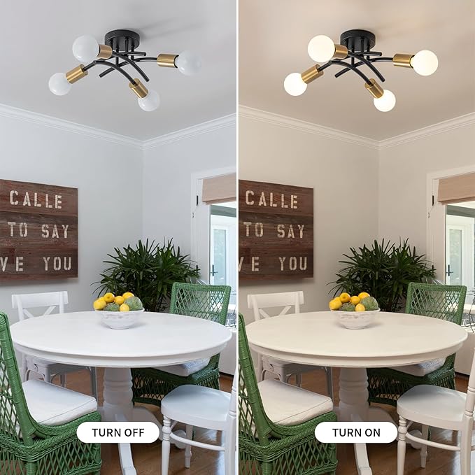 WILON Semi Flush Mount Ceiling Light Fixture, Modern Flush Mount Ceiling Lights, Black Gold 4-Light Sputnik Ceiling Light Fixture with E26 Bulb Base for Hallway Farmhouse Kitchen Bedroom