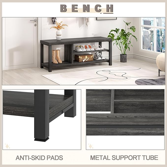 FOLUBAN Entryway Bench, Rustic Wood Shoe Storage Bench for Hallway Front Door Entrance, Industrial Indoor Bench for Bedroom Living Room, Dark Gray, 43.3 Inch