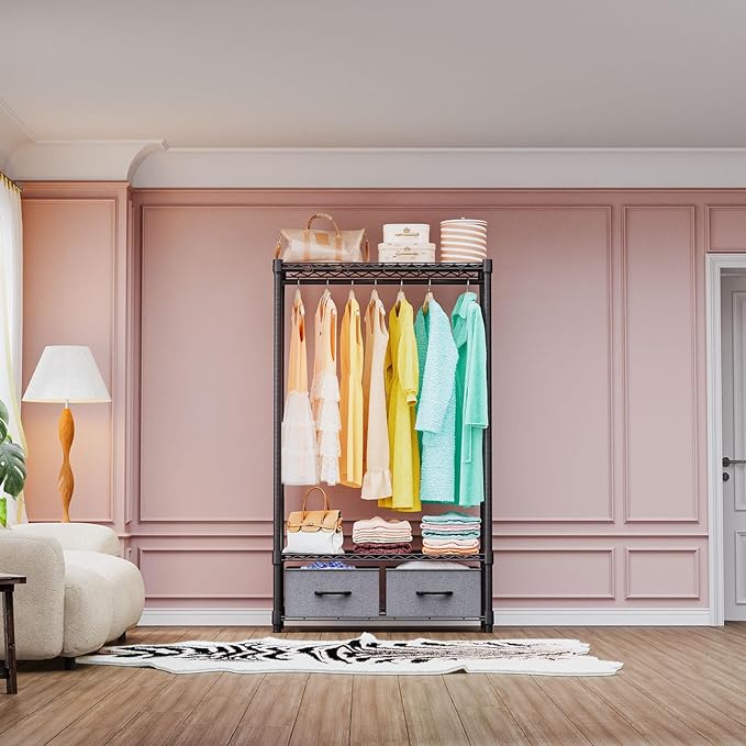 IZEUK Heavy Duty Clothes Rack with Drawers, Metal Freestanding Garment Rack for Hanging Clothes with 1 Rod & 2 Drawers, Adjustable Closet Wardrobe Organizer, 15.7" D x 35.5" W x 72.4" H, Dark Grey