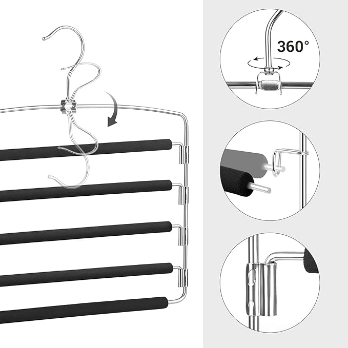 SONGMICS Pants Hangers, Set of 3, 5 Tiers Non-Slip Skirt Hangers, Space Saving Pants Organizers, for Closet, Silver and Black UCRI041BK