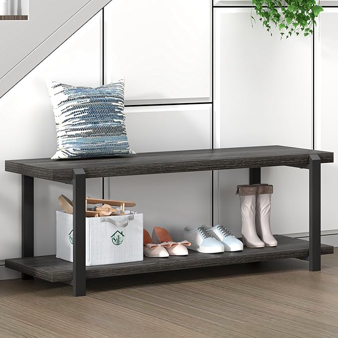 FOLUBAN 47 Inch Shoe Storage Bench, Rustic Wood and Metal Entryway Bench for Hallway Front Door Entrance, Vintage Indoor Shoe Rack Bench Seat for Bedroom Living Room, Dark Gray