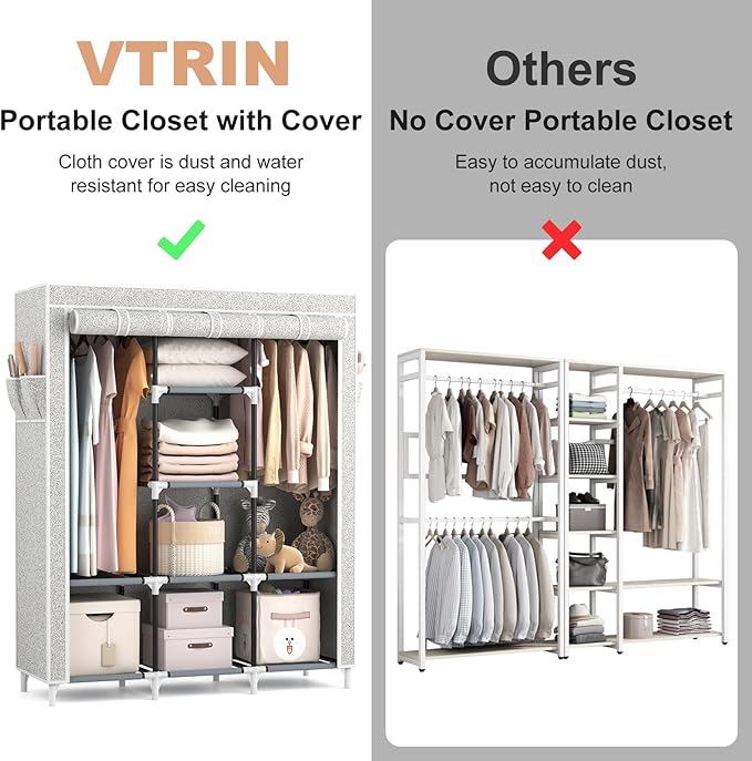VTRIN Portable Closet Wardrobe for Hanging Clothes with 2 Hanging Rods and 8 Storage Organizer Shelves,Free Standing Clothes Rack with Cover Sturdy Large Wardrobe Closet for Bedroom,Printing