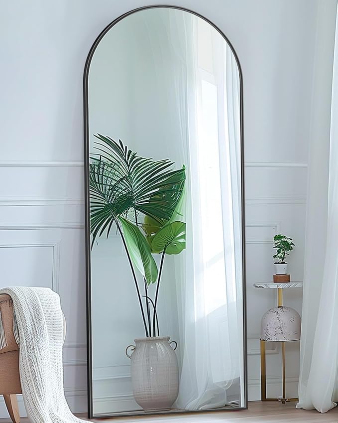 Antok Full Length Mirror, 58"x18" Floor Mirror with Stand, Hanging Mounted Mirrors for Bedroom, Living Room, Cloakroom, Dining Room, Black, Arched