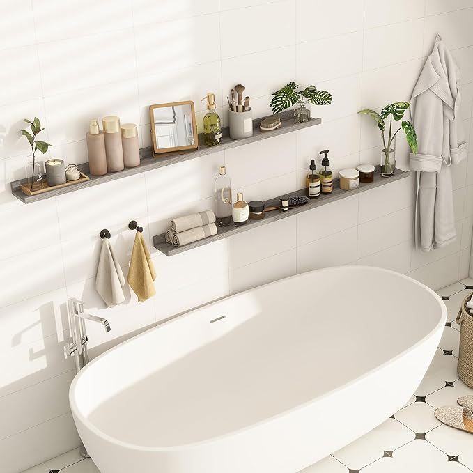 Picture Ledge Shelf, 56 Inch Elm Wood Floating Shelves for Wall, Nursery Bookshelf for Storage with Lip, Photo & Picture Ledge Shelves for Bedroom, Living Room, Kitchen (Grey, 56in Set of 2)