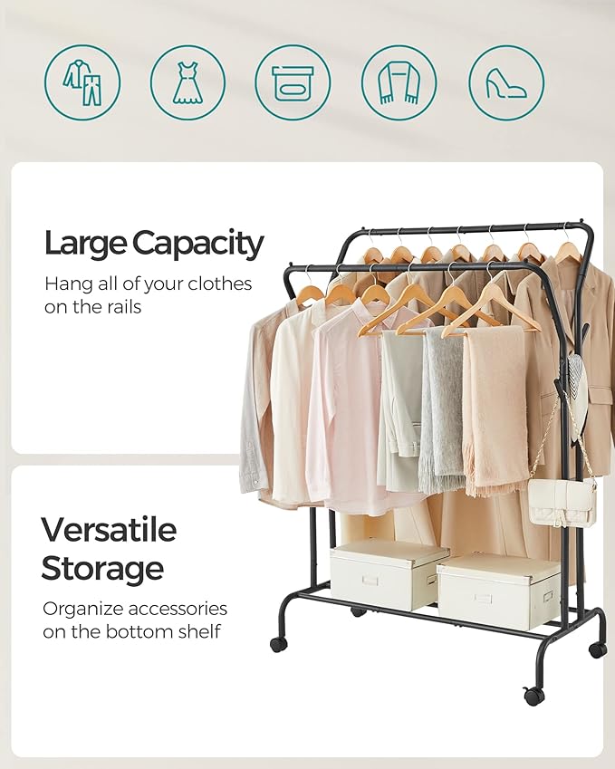 SONGMICS Clothes Rack, Double-Rod Clothing Rack for Hanging Clothes with Wheels, Garment Rack, Metal Frame, 220 lb Max. Total Load, 40.7 Inches Wide, Clothes Storage and Display, Black UHSR107B01