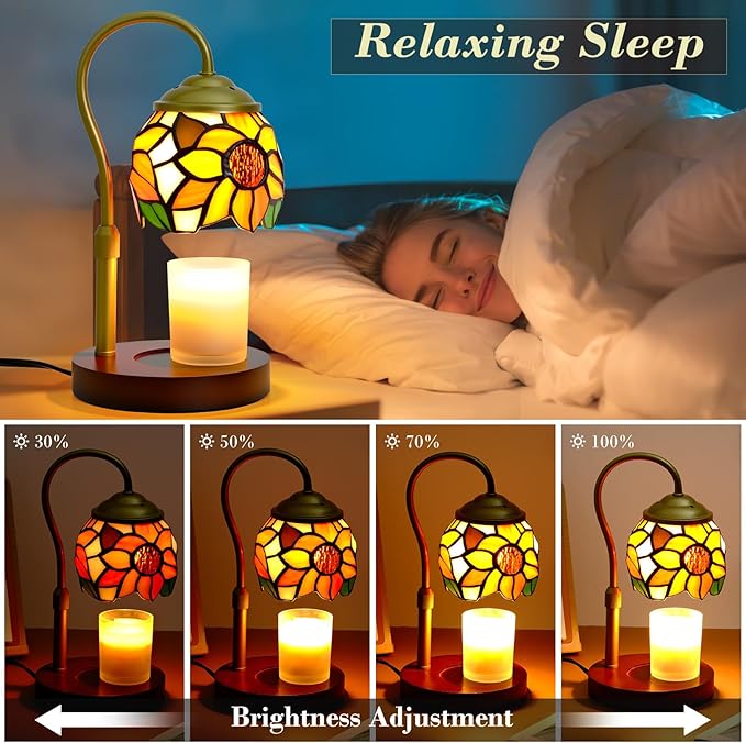Candle Warmer Lamp with Timer Dimmer, Adjustable Height Candle Warmer for Jar Candles, Birthday Gifts for Women New Home Bedroom Decor Tiffany Sunflower Style Stained Glass with 2 Bulbs