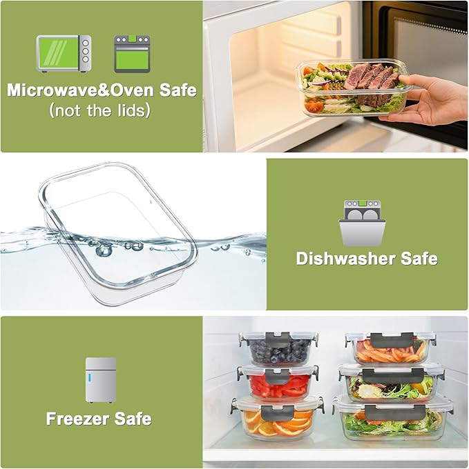 BAYZZ 24 Piece Glass Food Storage Containers with Lids, Airtight Glass Meal Prep Containers for Kitchen, BPA-Free Lunch Box, Microwave and Freezer Safe