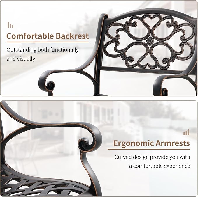 Cast Aluminum Patio Dining Set, Outdoor Bistro Set, 31.5" Round Outdoor Dining Table with Umbrella Hole, 2 Bistro Chairs for Yard Porch Garden Balcony