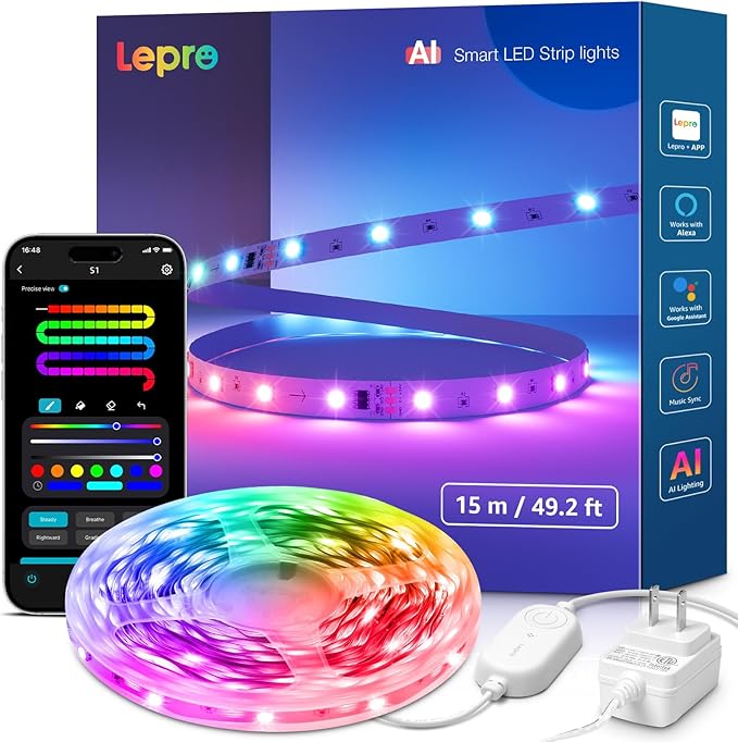 Lepro S1 AI LED Strip Lights for Christmas Decorations, 50ft Smart RGB Light Strips with IC and Rainbow Chasing Effects, Personalized Al Lighting Designer, No Remote, 2.4GHz Wi-Fi & Bluetooth