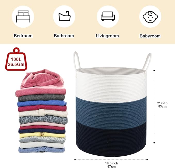 OIAHOMY 100L Laundry Hamper, Dirty Clothes Hamper for Bedroom, Collapsible Laundry Basket, Large Blanket Basket, Nursery Hamper with Handle, Blanket Storage for Living Room-18.5x21inches-Gradient Blue