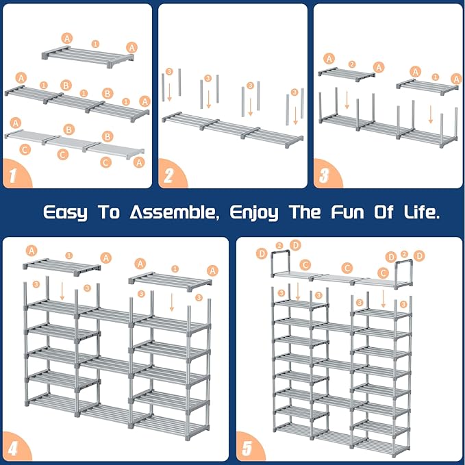 Mavivegue 9 Tiers Tall Shoe Organizer - Vertical Shoe Shelf for 50-55 Pairs, Stackable Racks for Entryway, Closet, Garage - Grey