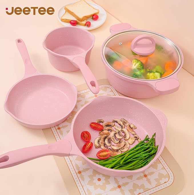 JEETEE Pink Pots and Pans Set Nonstick 23pcs, Healthy Kitchen Cookware Sets, Induction Cooking Set Pink Frying Pans, Saucepans, Sauté & Griddle & Crepe Pan (PFOA Free)