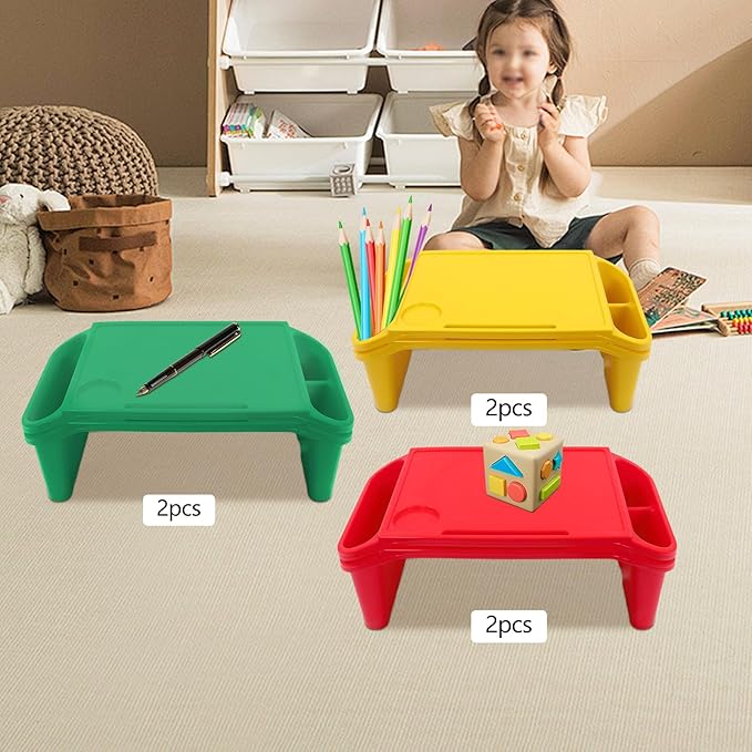 Set of 6 Kids Lap Desk Tray, Portable Activity Table, Plastic, Stackable for Drawing, Writing, Eating, Classroom, 19.69" L x 9.84" W x 7.09" H (Red, Green, Yellow)