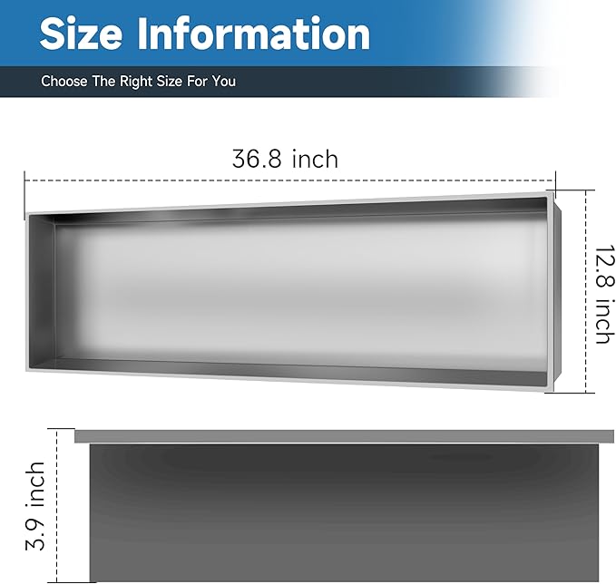 37" X 13" Shower Niche Insert Tile Ready, Wall Niche for Livingroom Bathroom, Long Shower Niche, No Tile Needed Over Mount Installation, Brushed Nickel