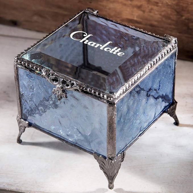 Personalized Engraved Jewelry Box Decorative Vanity Display Stained Glass Keepsake -J Devlin Box EB217-1 (Blue)