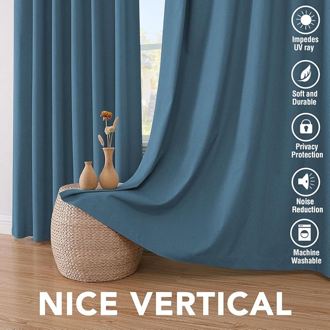 H.VERSAILTEX 100% Blackout Curtains for Bedroom Thermal Insulated Linen Textured Curtains Heat and Full Light Blocking Drapes Living Room Curtains 2 Panel Sets, 42x45 Inch, Blue Sapphire