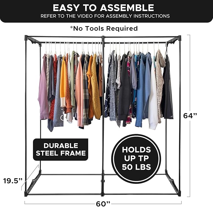 HOLDN’ STORAGE Portable Wardrobe Closet - 65 lb Large Capacity, Internal Heavy Duty Metal Rod, Zipper & Clear Window, Durable Clothes Organizer, Tool-Free Easy Assembly, White Canvas Cover