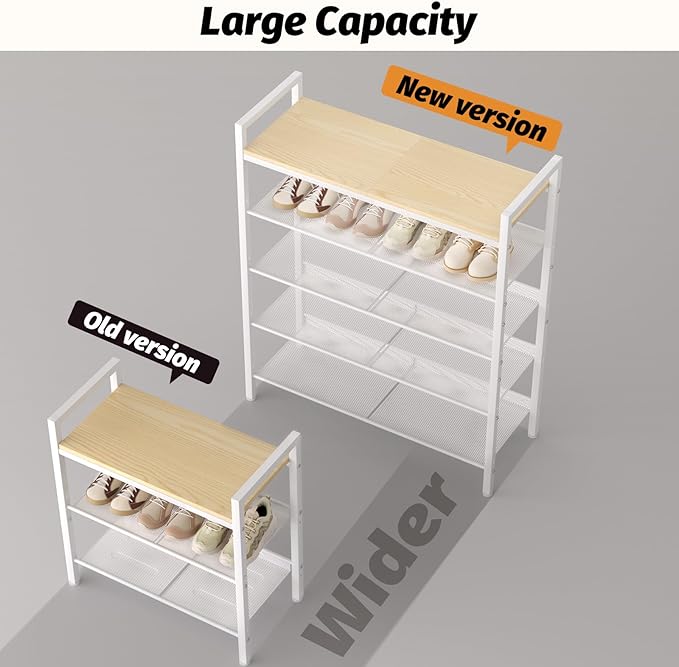Shoe Rack for Front Door Entrance, 5 Tier Shoe Rack for Entryway, 16-20 Pairs of Shoes, Metal Shoe Racks Organizer, Free Standing Shoe Racks for Closet, Garage, Outdoor (White+Beige)