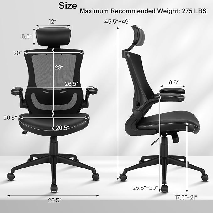 POWERSTONE Ergonomic Office Chair with Thickened Leather Seat, Mesh Desk Chair with Adjustable Headrest Lumbar Support and Flip-up Armrests for Home, Office, Study