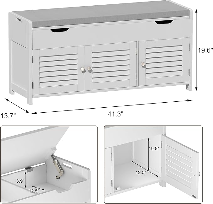 ChooChoo 41.3" Shoe Storage Bench with Lift Top Storage, Entryway Bench with Cushioned Seat, Adjustable Shelf, Shoe Cabinet with Hidden Space, for Entryway, Bedroom, Living Room, White