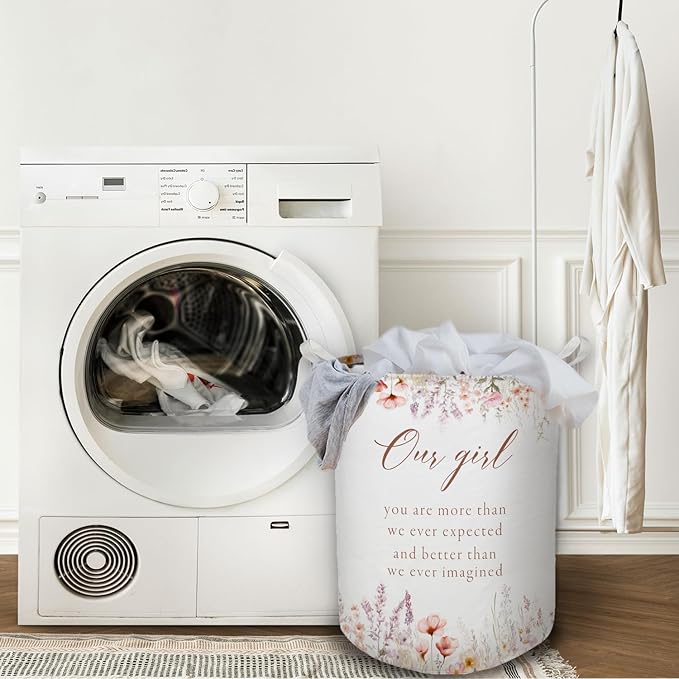 Baby Girl Laundry Basket, Boho Floral Wildflower Waterproof Collapsible Laundry Hamper Dirty Clothes Storage Toy Bin Organizer for Toddler Girls Room Nursery Bedroom Bathroom Kids Room