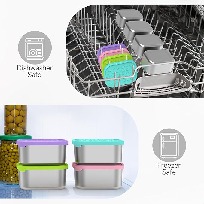 SOPHICO Stainless Steel 14 OZ Snack Containers for Kids，Food Storage Container with Silicone Lid - Perfect 304 Metal Toddler Lunch Box for Daycare and School, Leak Proof (MIX, 4 PACK)