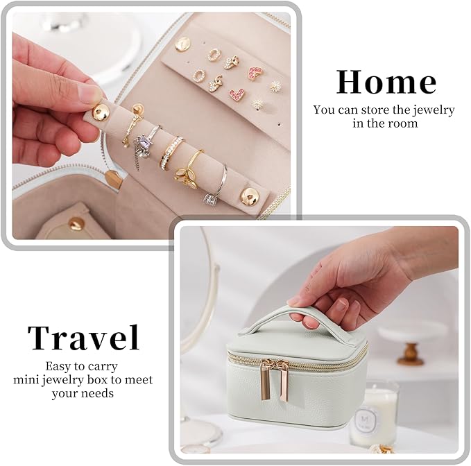 PU Leather Travel Jewelry Organizer Case with 4 Pouches & Handle, Anti-Tangle Storage Box for Necklace, Earrings, Rings, Compact Jewelry Box for Women Gift (Beige)