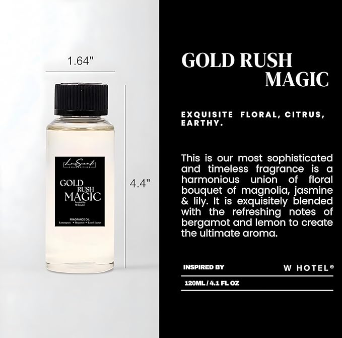 Aroma Scent Diffuser Starter Kit for Up to 1000SQ. FT. Coverage - 120ML Waterless Essential Oil Scent Included - Luxury Aroma Diffuser Ideal for Home, Office & Hotel (Silver, Gold Rush Magic)