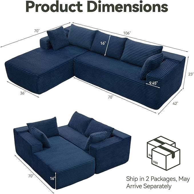 Modern Cloud Modular Sectional Sofa with Chaise, 106" L-Shaped Sofa Couch for Living Room, Deep Seat Plush Boneless Couches, Includes Pillows, Right Chaise, Blue
