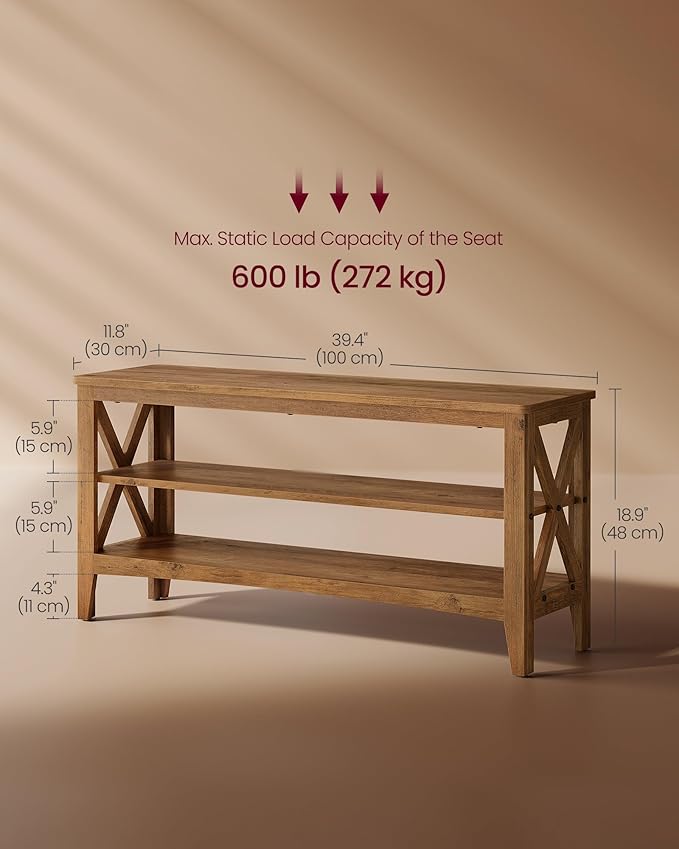 VASAGLE, Entryway Storage Bench, 2-Tier Shoe Rack, 11.8 x 39.4 x 18.9 Inches, Holds up to 600 lb, Farmhouse Style, for Living Room, Bedroom, Honey Brown ULSB153K41